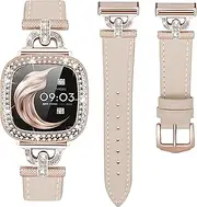 Luxurious Leather Watch Band Compatible with Fitbit Sense 2 Bands/Fitbit Versa 4 Bands Women, Dressy Leather Strap with Rhinestone Metal Buckle for Versa 3/Sense