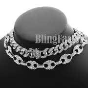 Silver Plated Alloy Cubic Zirconia 18" Cuban & Marina Choker Chain Necklace Set