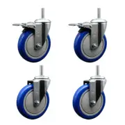 5 Inch Blue Poly Swivel 5/8 Inch Threaded Stem Caster Set 2 Total Lock Brakes