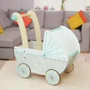 Indigo Jamm Wooden Petworth Pram Scandinavian Style Doll Stroller with Rubber