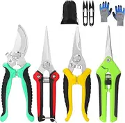 6 Pack Garden Pruning Shears Stainless Steel Blades, Handheld Scissors Set with Gardening Gloves,Heavy Duty Garden Bypass Pruning Shears,Tree Trimmers Secateurs, Hand Pruner