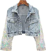 [Mulmoy] Spring Autumn Casual Heavy Industry Sequins Womens Denim Jacket Vintage Bomber Jeans Coat Tops for Women Cropped Top A782