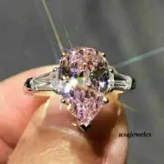 14K White Gold Over 3.21CT Real Pink Sapphire Pear Shape Engagement Jewelry Ring