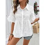 Women's Shirt Solid Color Basic Casual Half Sleeve Shirt Collar Regular Tops Daily Buttons Eyelet White Blue Summer