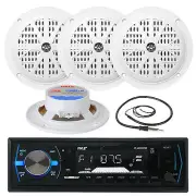 4" White Pyle 100W Marine Speakers, PLMRB29B Marine USB AM FM AUX Radio, Antenna
