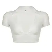 Short-Sleeve V-Neck Collared Plain Knotted Crop Top White - M