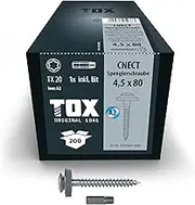 TOX CNECT 152966414580 Plumber Screws 4.5 x 80 mm, Weather-Resistant Plumbing Screw with Sealing Washer Made of A2 Stainless Steel, Fixing Cap Strips and Much More, Pack of 200 in Box Includes 1x Bit
