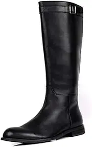 [Generic] Work Boots for Men Knee High Boot Lace Up StyleGenuine Leather Side Zipper High Top Rubber Outsole Solid Color Pointed Toe Men's Leather Shoes