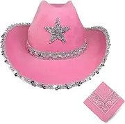 [Dylvan] Rhinestone Cowboy Hat, Sequin Wrapped Bride Party Cowgirl Hats Women Wide Brim Cute Cowboy Hats, with Adjustable Drawstring and Cowboy Party Paisley Bandana,Pink