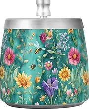 Spring Flowers Bees Teal Steel Ashtray with Lid for Indoor Outdoor Use, Smokeless Portable Ciggerate Ashtray Outdoor or Home Garden Decor