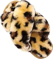 [ISZPLUSH] Girl's Fluffy Slippers Kids' Fuzzy Slippers Slide Sandals Leopard Tie Dye Cross Band Plush Open Toe Slip on House Bedroom Slippers