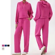 Women's Pullover Hoodie Sweatshirt Lounge Sweatsuit Sport Suit Fall Pocket Drawstring Solid Color Clothing Suit Black Blue Outdoor Running Yoga High Waist Wind