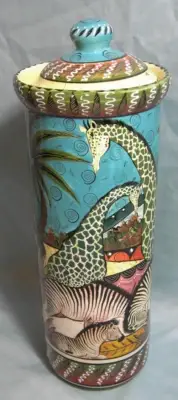 New Penzo Caniser Jar & Lid African Art Safari Zimbabwe Hand Made & Painted Vase