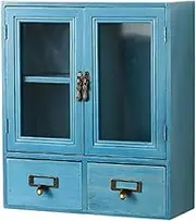 Qianly Rustic Display Cabinet Organizer Showcase Vintage Small Wooden Jewelry Organizer Jewelry Box for Dressing Table Living Room, Blue