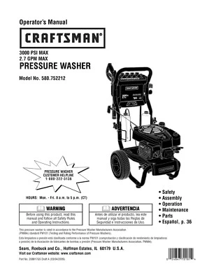 Owners Manual & Parts List Craftsman 3,000 PSI Pressure Washer -Model 580.752212