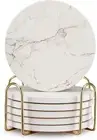 6 Pcs White Marble Coaster Set with Holder Best Absorbent Coasters Drink Stone C