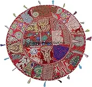 Red Color Patchwork Cotton Boho Chic Bohemian Hand Embroidered Round Floor Pillows & Cushion Cover Seating Pouf Ottoman Cover