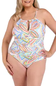 La Blanca Sunbaked Jewels High Neck Keyhole One-Piece Swimsuit in White at Nordstrom, Size 18