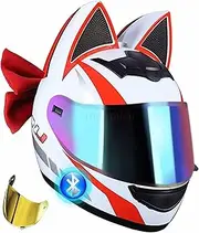 Girl Women Cat Ear Bluetooth Motorcycle Helmet, ECE Certification Full Face Flip-Up Motorbike Helmet, Cool Cute Cat Helmets with HD Visor and Ventilation System