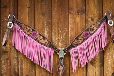 Western Brown Leather Set of Hand Carved Set of Headstall and Breast Collar