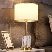 Mengjay White/Black Stone Pattern High Temperature Baked Enamel Table Lamp Light Decoration Desk Lamps, Bedside Lamp E27 Lampshade Gold Edge Fabric for Living Room Bedroom Study (White)