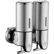Soap Dispenser Wall Mounting Manual Double Lotion Dispenser Disinfectant Dispenser Wall Stainless Steel Hand Washing Dispenser-Silver