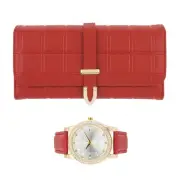 Women's Gold Leather Band Watch & Matching Tri-Fold Wallet Set - Red