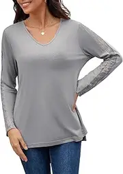 [LA BAIESO] Womens Long Sleeve Lace Tops Dressy Business Casual Blouses V Neck Tees Shirts Side Split Loose 2025 Clothes