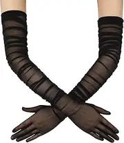 [QRBTSCL] Women's Stretchy Super Long Tulle Gloves Ruched Mesh Sheer Gloves for Evening Hallowmas Opera Party