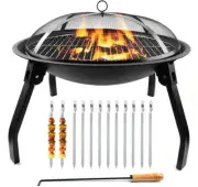 22 Inch Portable Folding Round Black Steel BrazierBBQ Grill with 12pcs Skewers