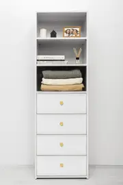 GENEVA 3 SHELF 4 DRAWER BUILT IN WARDROBE - WHITE - SLIM - ROUND BRASS