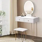 LEVEDE Small Makeup Vanity Desk with Round Mirror and LED Lights,White Dressing Table Stool Set Metal Legs, Small Makeup Table for Kids with Drawers,3 Adjustable Colors Lights for Small Room