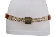 Women Red Elastic Band Flirty Party Fashion Belt Gold Metal Square Buckle S M