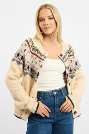 Beige Aztec Knit Cardigan Long Sleeve Crew Neck - Size 12M, Women's Oversized Cardigan
