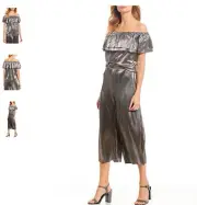 NWT MK Michael Kors off-the-shoulder metallic pleated top and pants SILVER Large