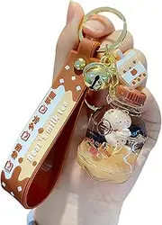 [Sunfans] Girls Women Cute Milk Tea Bubble Tea Floating Bear Moving Sand Keychain Keyring Key Chain Key Ring Key Holder