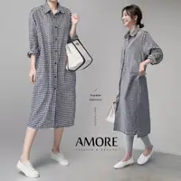 在飛比找momo購物網優惠-【Amore】韓系經典直格紋棉麻長袖長版襯衫(長版單穿或當外