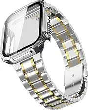 Designed for Apple Watch Band with Cover Case and Tempered Glass Screen Protector, Stainless Steel Metal Chain Smart-Watch Link Bracelet Strap, Wrist-Band for i-Watch Series 8/7/6/5/4/SE