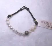 NEW Peyote Bird Pearls & Gemstone Beads On Leather Cord Toggle Bracelet 7.5"