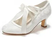 [Emily Bridal] Wedding Shoes Women's Lace Spool Heel Closed Toe Pumps