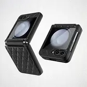 [UYPTK] Leather Glass Film Phone Case for Samsung Galaxy Z Flip 6 5 4 Flip6 Flip5 Flip4 5G Hinge Cover,Black,for Galaxy Z Flip5