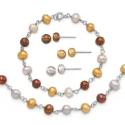 Solid Sterl Silver Freshwater Cultured Pearl Necklace Post Earrings Set 18"