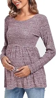 [Ecavus] Women's Long Sleeve Maternity Shirts Ribbed Knit Comfy Stretchy Pregnancy Shirts Round Neck Pleat Maternity Tunic Tops