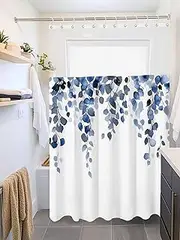 Clblhlolkuy Waterproof Shower Curtain for Bathroom, Eucalyptus Leaves Blue Leaves Watercolor Hotel Fabric Soft Bath Curtain with Semi-Transparent Top Window & Hooks, 72"x72"