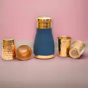 Blue Pure Copper Carafe Set with 4 Hammered Glasses – 1000ml Leakproof