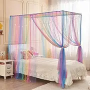 JQWUPUP Rainbow Bed Canopy for Girls Kids with Light, 4 Corner Post Princess Canopy Bed Curtains with DIY Star Stickers for Bedroom Decor (Twin, Rainbow)