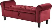 La Bella Velvet Storage Ottoman Bench with Rolled Armrest – Tufted Cushion Seat, Lift-Top Lid, Hidden Storage, Sturdy Wooden Legs, Easy Assembly – 132cm – Red