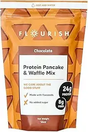 Flourish - Protein Pancake & Waffle Mix, Whey Protein Isolate & Flax Seed, Non-GMO, No Added Sugar, Superfood, High Protein & Fiber, Just Add Water - Chocolate, 16oz