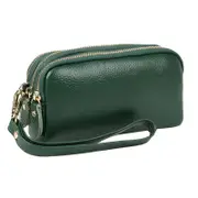 Women Long Wallet Genuine Leather 3-Layer Zipper Purse Bag Phone Bag Money Purses Clutch Wallets with Wrist Strap- Green