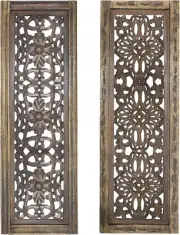 Floral Hand Carved Wooden Wall Panels, Assortment of Two, Rustic Brown